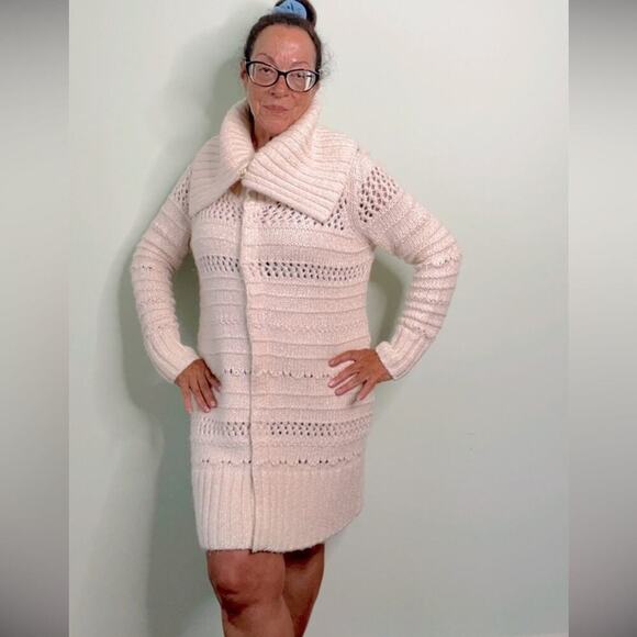 Rachel Roy Long Sweater Coat Beige Wide Collar Size Small - Picture 11 of 11